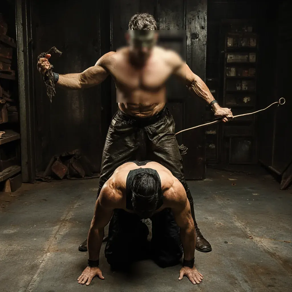 Two muscular men in a dark workshop, one behind the other with a rope-like object; one face is blurred for privacy Two muscular men in a dark workshop, one behind the other with a rope-like object; one face is blurred for privacy